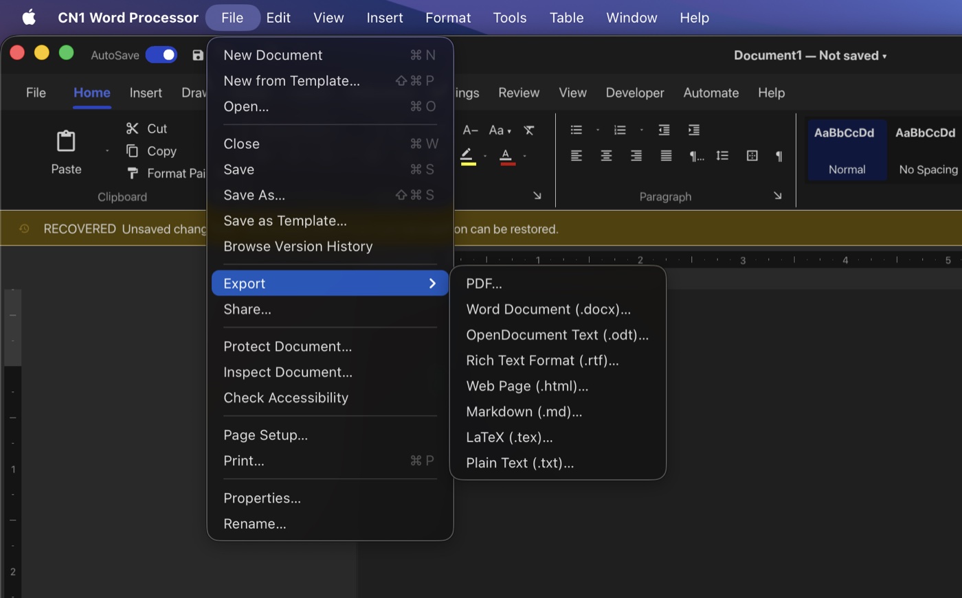 The word processor's File menu with an Export submenu on macOS