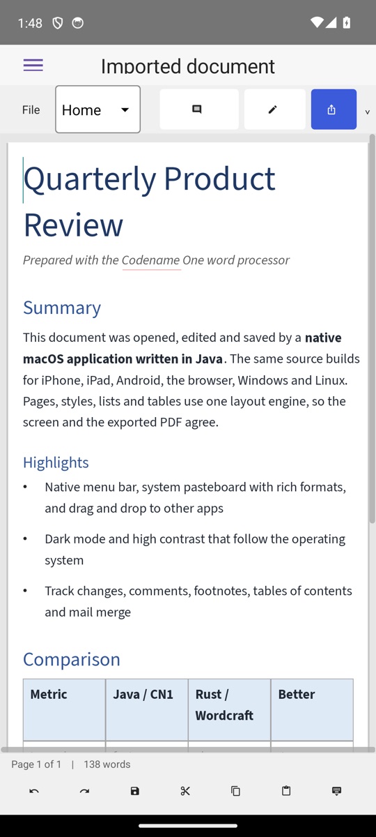 The Java word processor on Android