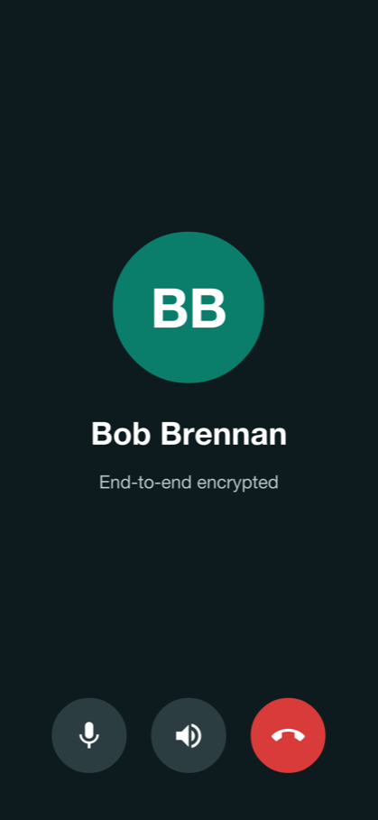 A voice call in progress with the caller’s initials and name, the encryption note and the mute, speaker and hang up buttons
